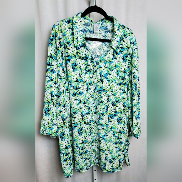 Women's Catherine's 4X 30/32W Green/Teal Floral 3/4 Sleeve Button Up Plus Tunic - Picture 1 of 11